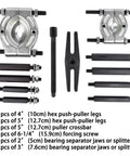 Thinking Process: bearing puller kit with 4-inch and 5-inch hex legs, forcing screw, and black metal separator jaws