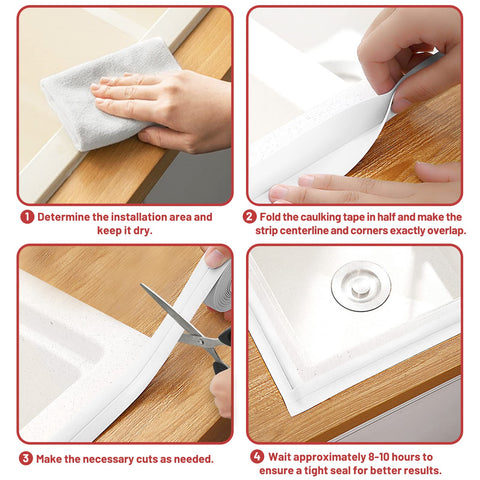 Steps to apply Caulk Tape Self Adhesive Sealant Strip Waterproof 1.5 Inch By 10.5 Foot for Kitchen Bathroom Edges