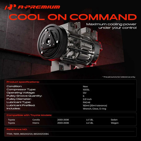 Straight Up Top Tier Air Conditioning Compressor Replacement With Clutch For Toyota Corolla 2003 Through 2008 side view showing compressor details and specifications.
