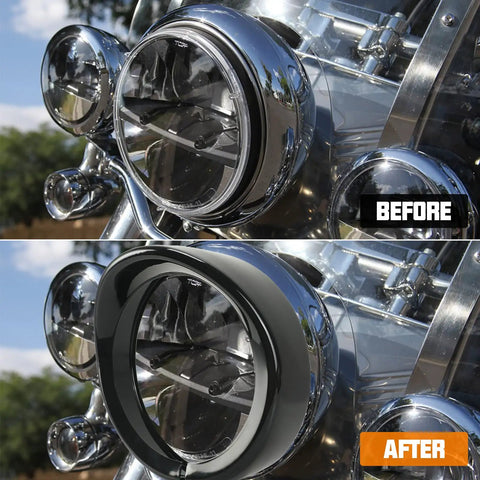 Before and after comparison of 7 Inch Headlight Visor Trim Ring For Harley Davidson Touring Trike Road King Electra Glide