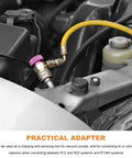 Rig Ready Shop Grade 6015 R134a Refrigerant Tank Adapter Paired With 6014 Vacuum Pump Connector Set featuring heavy duty brass fittings on engine