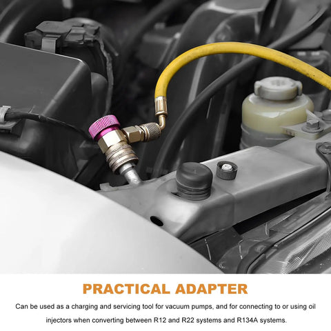 Rig Ready Shop Grade 6015 R134a Refrigerant Tank Adapter Paired With 6014 Vacuum Pump Connector Set featuring heavy duty brass fittings on engine