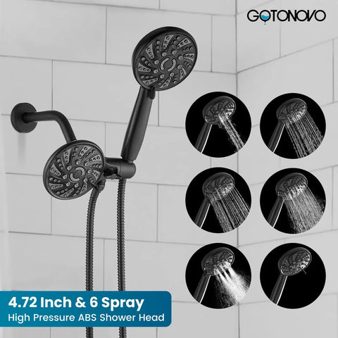 Dual 2 in 1 Shower Head Kit High Pressure Combo System With 6 Modes ABS Handheld Spray Shower Trim Kit Includes Valve Body Matte Black Finish