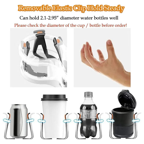 Removable elastic clip shows dual antispill car cup holder with heavy duty elastic grips for Tesla Cybertruck holding various drink sizes.