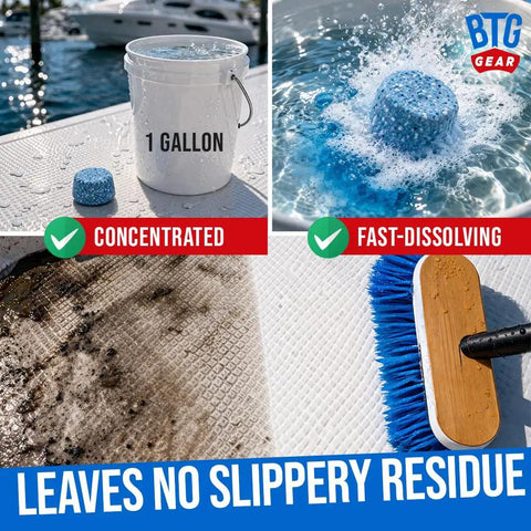 Marine Deck Cleaner Tablets That Make Six Gallons, Non Skid Boat Deck Wash, lifts dirt and stains with easy no mess formula.