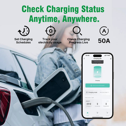 Level 2 EV Charger Wall Mount With 25 Foot Cable, 50 Amp 240 Volt Fast Charging For J1772 EVs in use with smartphone app interface
