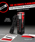 Ultra Bright 1200 Lumen Tactical Flashlight Handheld For Camping And Hunting Home Security Hiking Night Walks And Emergencies With Wide Beam And Long Battery Life displayed with packaging, user manual, and warranty card.