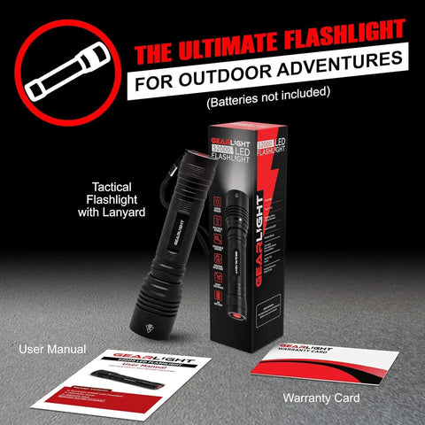 Ultra Bright 1200 Lumen Tactical Flashlight Handheld For Camping And Hunting Home Security Hiking Night Walks And Emergencies With Wide Beam And Long Battery Life displayed with packaging, user manual, and warranty card.