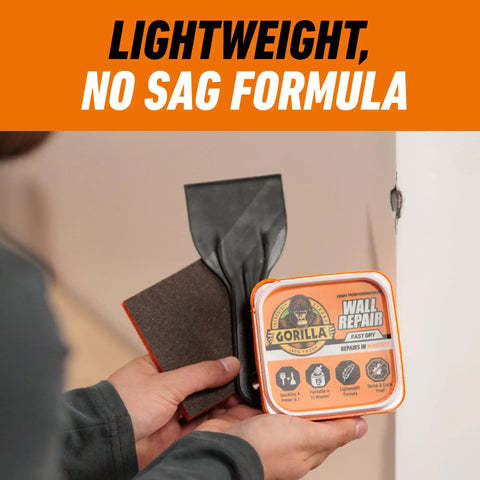 Heavy Duty Wall Repair Kit With Spackling And Primer 8 Oz Tub For Patching Small And Large Holes In Walls And Ceilings Includes 4 Inch Self Adhesive Patch Putty Knife And Sanding Block For Quick Clean Fixes displayed with putty knife and sanding block, highlighting lightweight and no sag formula on label.