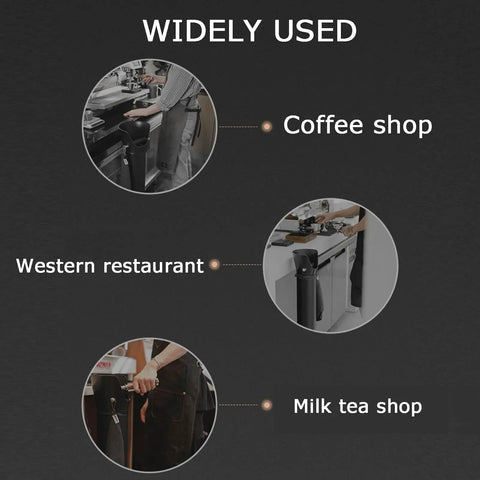 Heavy Hitter Floor Standing Coffee Knock Box With Self Draining Rubber Base Holds 6.8 Liters in a busy coffee shop setting.