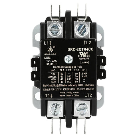 Heavy Duty 2 Pole 40 Amp Contactor With 120V Coil UL Listed for HVAC Condensers and Compressors front view