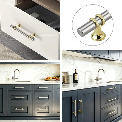 10 Pack Brushed Nickel And Gold Cabinet Knobs Set For Kitchen Cabinets And Vanities on white and dark cabinets.