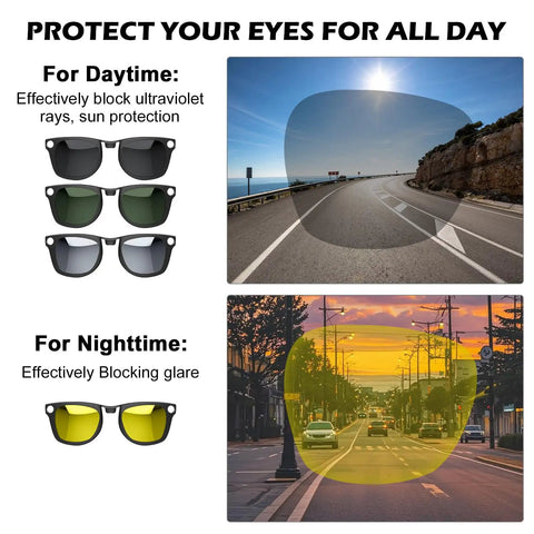 4 Pack Polarized Clip On Lenses For Meta Wayfarer Gen 2 Smart Glasses M Size 50 22 RW4006 RW4012 UV Protection showing day and night use