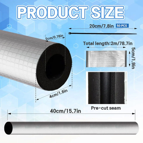 12 Pack Self Adhesive Pipe Insulation Foam Tubes With Aluminum Foil Joint Tape And Zip Ties For Spigot And Sprinkler Lines Keeps Winter From Cracking Your Pipes 1.3 Ft Long 0.8 Inch Diameter, showing size details.
