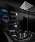 Plug And Play Road Warrior 10 Foot DC Power Cable Featuring Dual 100 Watt Charging Bays And Integrated Volt Gauge For Zero Stress Starlink Mini Setup Anytime You Hit The Road in car console with phone charging.