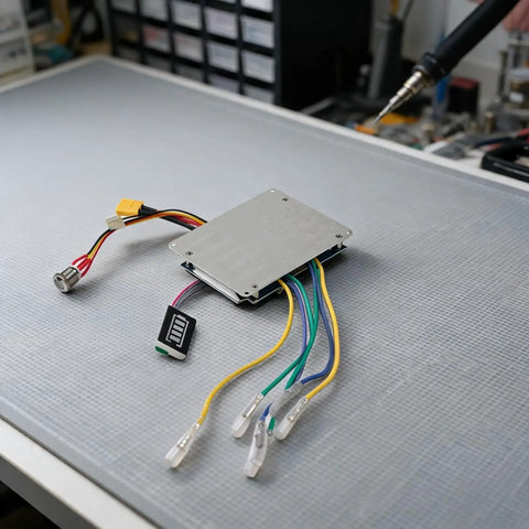 Dual Motor Drive ESC Controller For Electric Skateboards And Scooters With 2.4G Remote, 430W 12A Max on a workbench