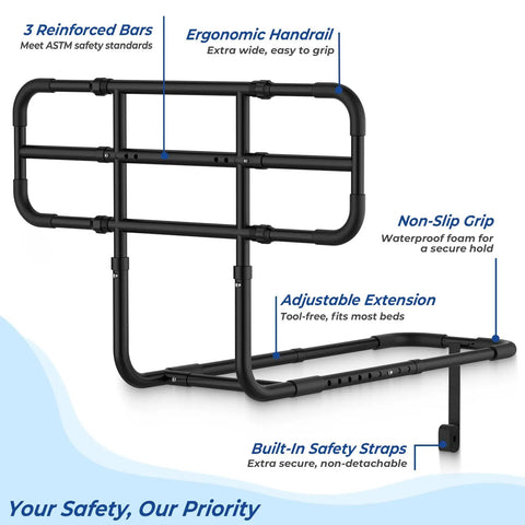 Extendable Bed Rail With Storage Bag And Tool Free Setup for Seniors, ergonomic handrail, non-slip grip, ASTM approved.