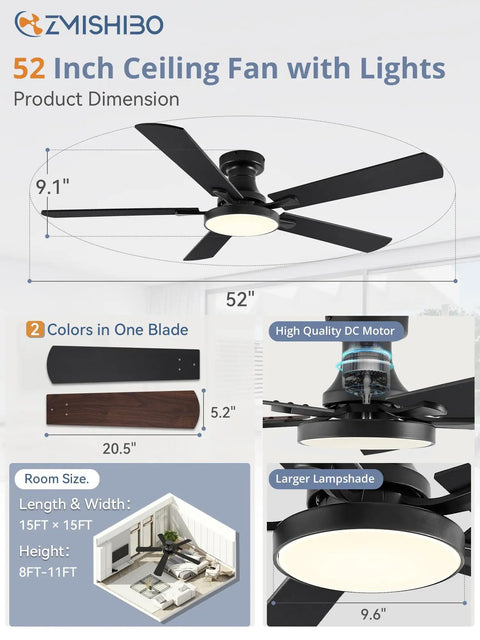 52 Inch Ceiling Fan With Lights Super Easy To Use Low Profile Flush Mount Black 6 Speeds Quiet DC Motor Dimmable 24W LED Light