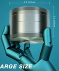 3.0 Inch Gripper Grinder Aluminum Spice Crusher With Magnetic Lid Sharp Teeth Heavy Duty Pepper Salt Grinder Grey Large Capacity For Herbs Grains Spices displayed on a robotic hand, showing dimensions.