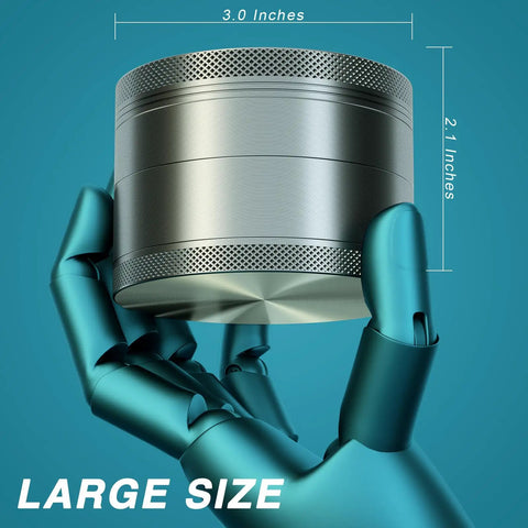 3.0 Inch Gripper Grinder Aluminum Spice Crusher With Magnetic Lid Sharp Teeth Heavy Duty Pepper Salt Grinder Grey Large Capacity For Herbs Grains Spices displayed on a robotic hand, showing dimensions.