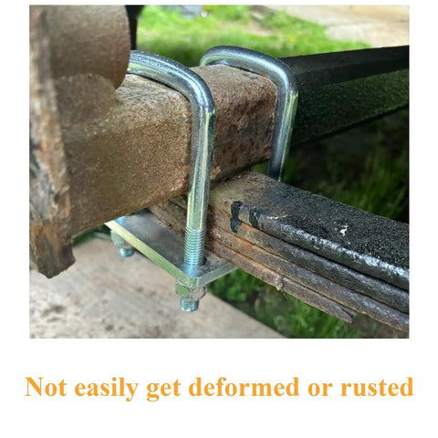 Beefy Square U-Bolt Kit For 2x2 Boat Trailer Axles installed on leaf spring, showing rust-resistant heavy-duty construction.