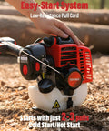 Close-up of gas powered pole saw engine, 48cc, with easy-start system highlighted, low-resistance pull cord visible on ground.