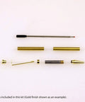 Premium Slimline Pen Turning Kit With 10 Pack Assorted Fly Metallic Finishes Including Gold Black Chrome Gun Metal And Copper Plus Cross Style Refills For Crafting Dope Custom 7mm Ballpoint Pens parts displayed in gold finish including tubes and components.