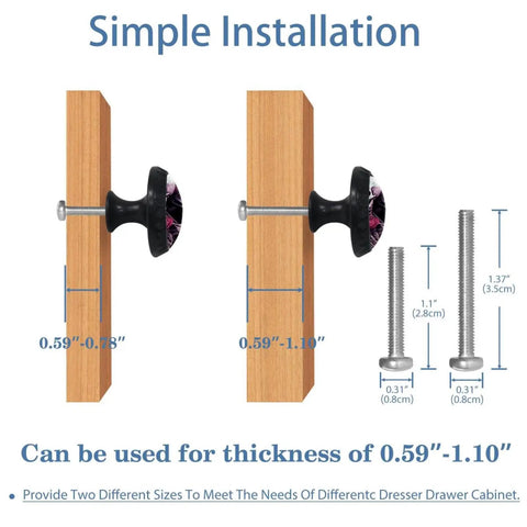 Diagram of Four Piece Round Cabinet Knobs Set For Kids Durable Drawer Pulls With Screws, showcasing measurements and installation.
