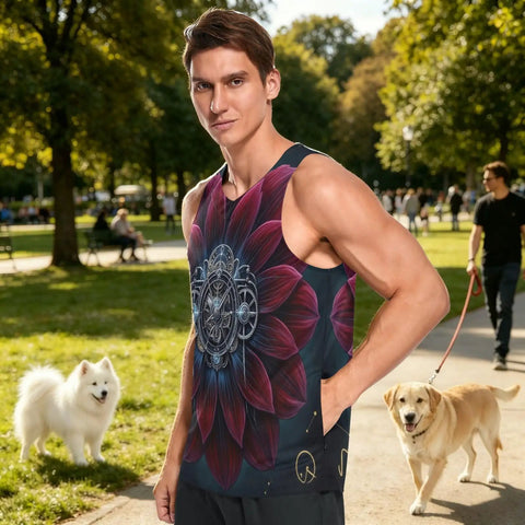Dope Mens Sleeveless Fitness Vest With Hidden Stash Pocket And Retro Clockwork Graphic in outdoor park setting.