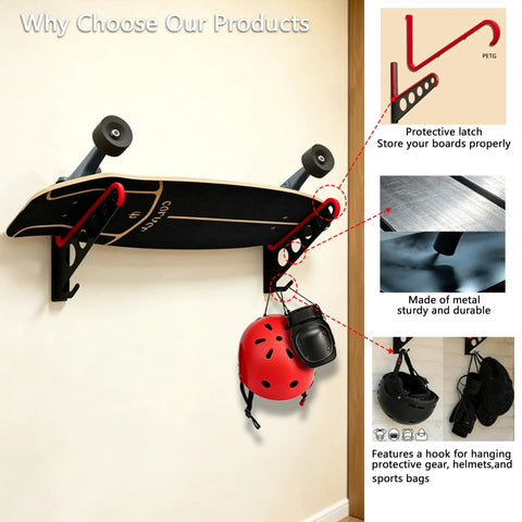 Heavy Duty Metal Snowboard Rack And Ski Wall Mount With Bottom Hooks To Stack Longboards And Skateboards Vertically Takes Zero Floor Space Built Tough For The Daily Shred, holding a skateboard and protective gear.