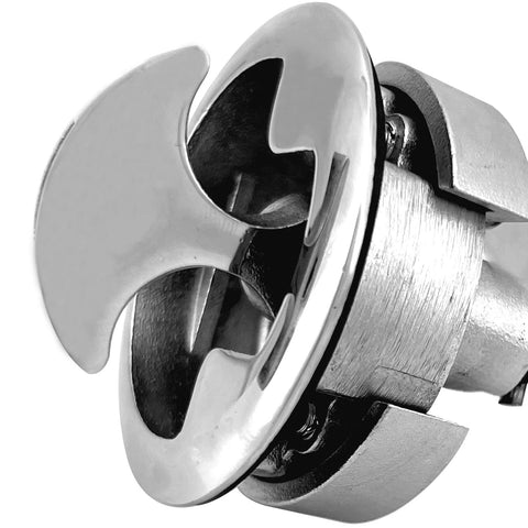 Marine-grade stainless steel floor hatch latch, close-up view of recessed turning lock