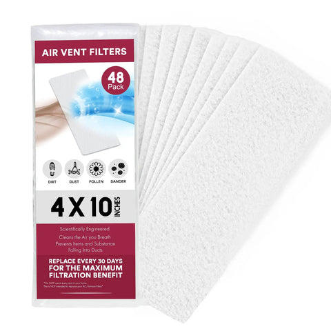 Floor Vent Filters 48 Pack 4 By 10 Inch Polyester Filter For Home Ducts with 90 Day Filtration packaging and filters.