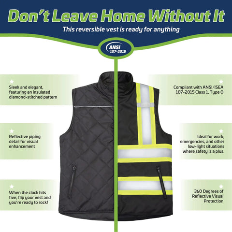 Reversible Insulated Safety Vest With X Back Reflective Tape Jobsite Ready Hi Vis Lime Side Meets ANSI ISEA 107 2020 Class 2 Type R And CSA Black Side Meets ANSI ISEA 107 2020 Class 1 Type O Durable Work Bodywarmer displayed with black side and reflective tape.