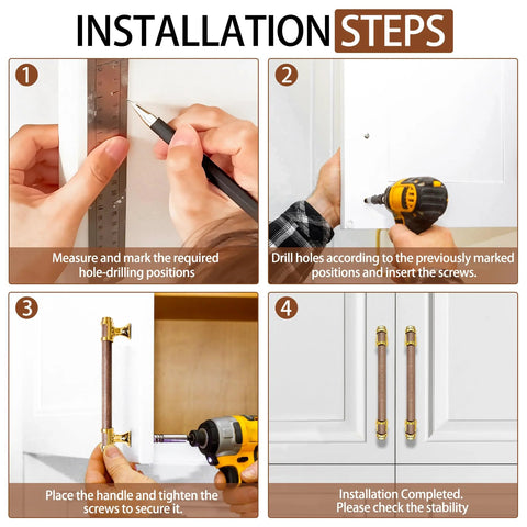 Installation guide for 10 Pack 5 Inch Cabinet Pulls In Wood And Gold Finish for kitchen, bathroom, and living room furniture.