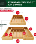 No Drama Heavy Duty Bamboo Kitchen Drawer Organizer And Wide Cutlery Tray For Killer Silverware Storage showing expandable sides and measurements.