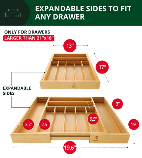 No Drama Heavy Duty Bamboo Kitchen Drawer Organizer And Wide Cutlery Tray For Killer Silverware Storage showing expandable sides and measurements.