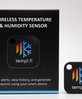 Wireless Temperature And Humidity Sensor Made In USA With 24 Seven Data Logger And Alarm, Bluetooth Smart Thermometer And Hygrometer, Bluetooth Only No Wifi, Auto Minute Readings And Phone Alerts For Home Or Office. Box and sensor