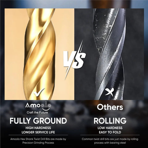 amoolo hex shank twist drill bits, two bits shown (gold-coated left, dark-coated right), front view