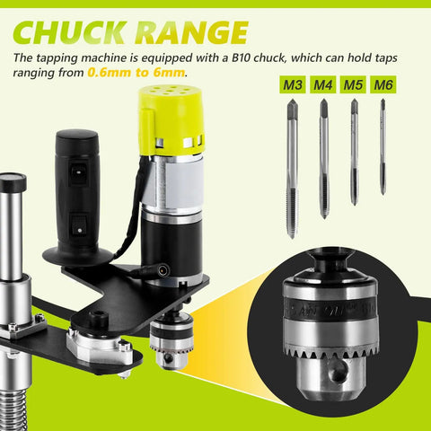 Electric Tapping Machine with Adjustable Tap Tool, Bench Vise, and Four Taps, Chuck Range 0.6mm to 6mm visible close-up