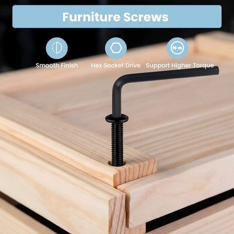 24 Piece M6 X 25mm Hex Socket Flat Head Bolts Heavy Duty Carbon Steel Black Oxide Finish installed in wooden furniture.