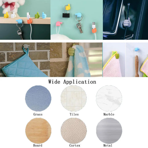 Thumb-shaped 14 Pack Self Adhesive Thumb Cable Organizer Clips showing various uses on different surfaces like tile and metal.