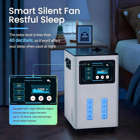 Hydrogen Inhalation Generator With 99.99 Percent Purity, Easy Peasy Touchscreen Controls, 1200ml Capacity displayed near a bed
