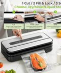 Close-up of Pro Grade Vacuum Sealer with built-in cutter and 90kPa vacuum sealing a salmon filet, vegetables visible nearby.