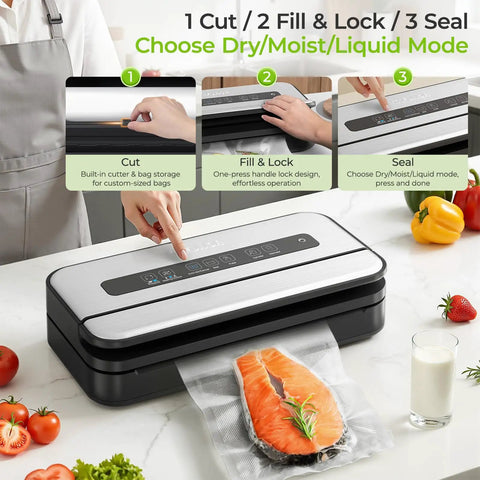 Close-up of Pro Grade Vacuum Sealer with built-in cutter and 90kPa vacuum sealing a salmon filet, vegetables visible nearby.
