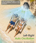 10 Inch Oscillating Misting Fan with 9 Liter Tank and Light, Portable Battery Operated Evaporative Cooler for Golf Carts Porch and Yard Gear, Rechargeable 55 Hour Run Time to Blast The Heat and Keep You Feeling Like a Boss in use cooling two people on a beach.