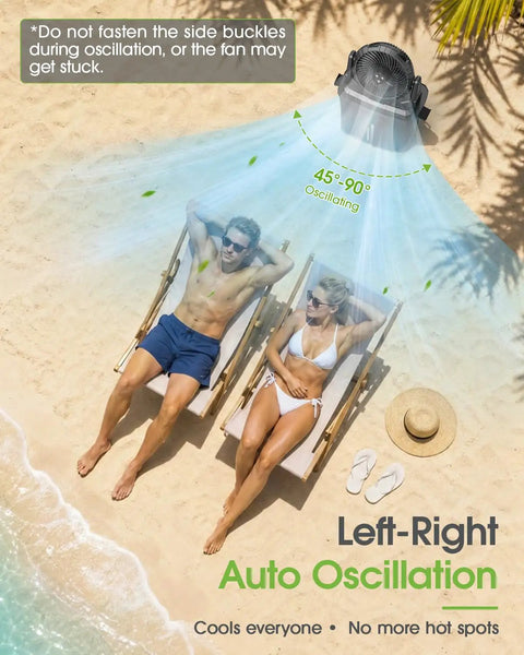 10 Inch Oscillating Misting Fan with 9 Liter Tank and Light, Portable Battery Operated Evaporative Cooler for Golf Carts Porch and Yard Gear, Rechargeable 55 Hour Run Time to Blast The Heat and Keep You Feeling Like a Boss in use cooling two people on a beach.