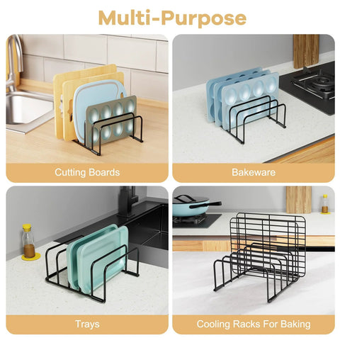 Fikoksol black metal cutting board and bakeware rack displaying cutting boards and sheets.
Fikoksol black metal rack shown beside a stove for organized bakeware and cutting boards.
Fikoksol black metal rack displaying trays and plates stored upright.
Fikoksol black metal rack with wire slots for cooling racks and baking sheets.