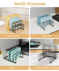 Heavy Duty Metal Cutting Board Storage Rack And Baking Sheet Organizer 2 Pack For Cabinet Shelf Space Saving Plate Holder And Cookie Sheet Dividers Durable Design For Easy Access displayed with kitchen items