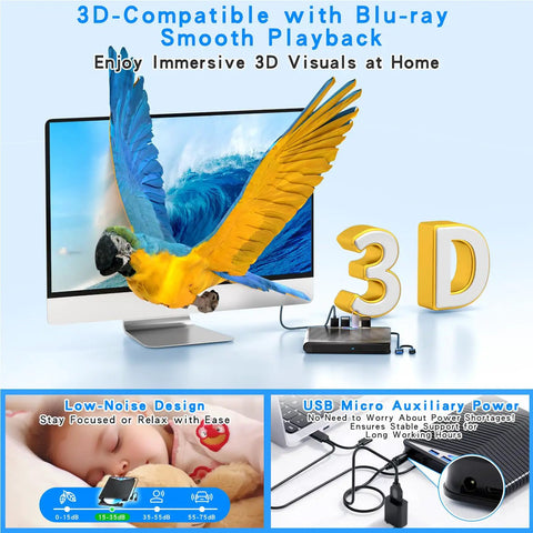 7 In 1 External Blu Ray Drive Read Write Burner With USB 3 0 And Type C Connectivity Compatible With Windows 7 11 Mac OS And PC Supports BD DVD CD M Disc Black, 3D playback graphic