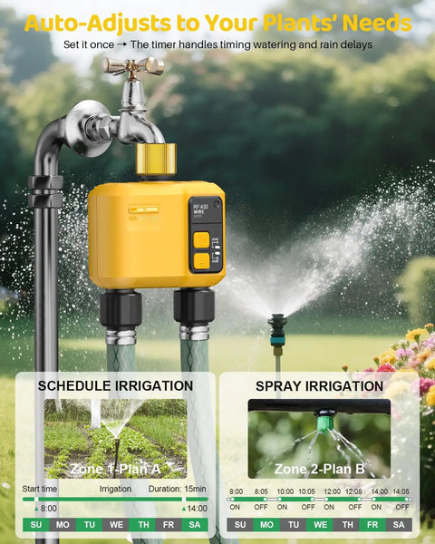 WiFi Water Timer For Garden Hose No Fuss Two Zone With Smart Sprinkler Control 984 Ft RF Range Brass Inlet attached to tap